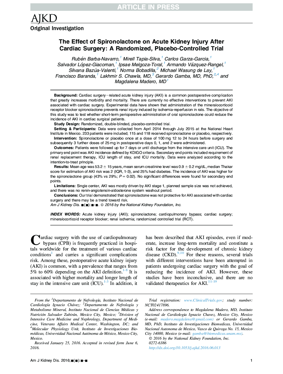 The Effect of Spironolactone on Acute Kidney Injury After Cardiac Surgery: A Randomized, Placebo-Controlled Trial