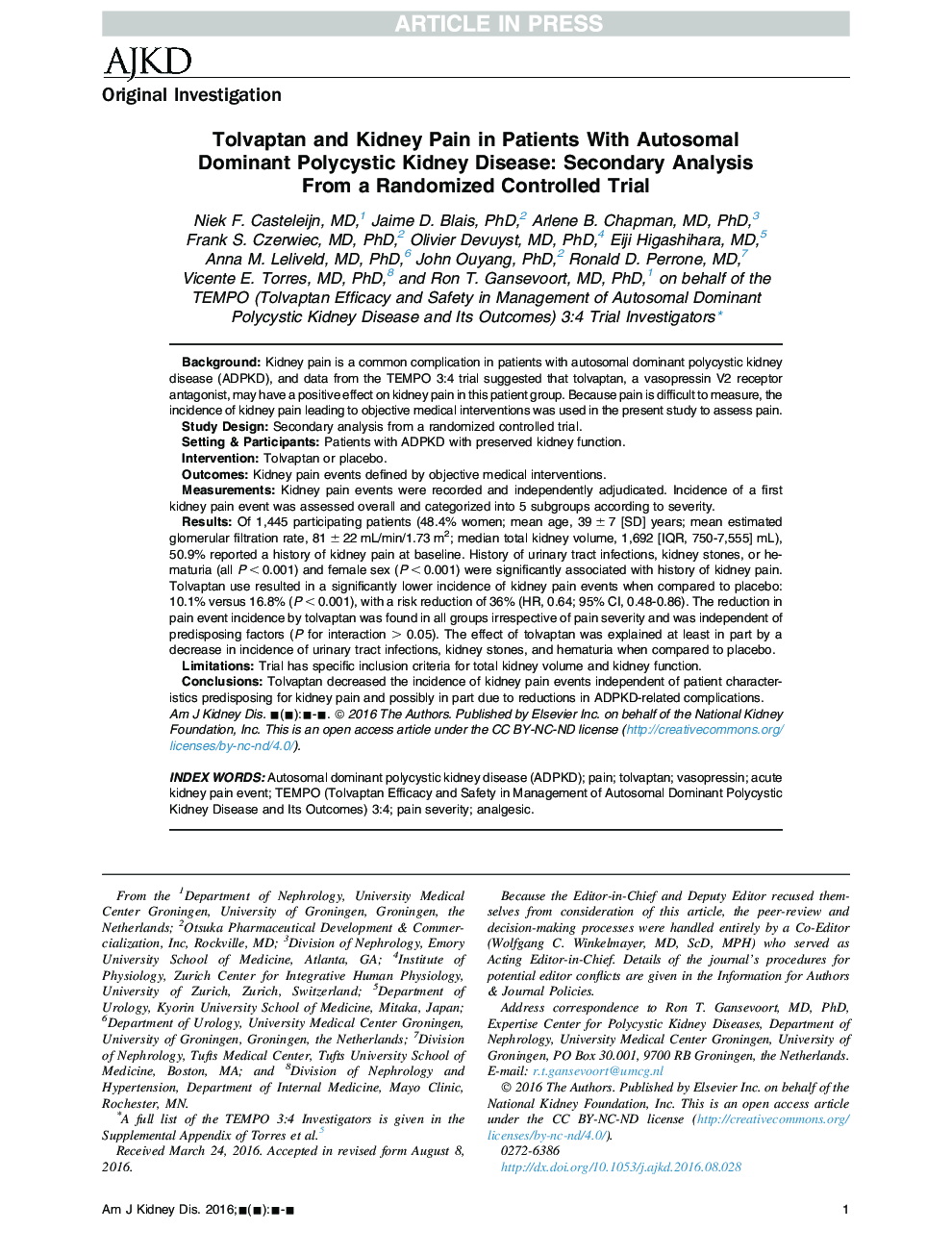 Tolvaptan and Kidney Pain in Patients With Autosomal DominantÂ Polycystic Kidney Disease: Secondary Analysis FromÂ a Randomized Controlled Trial