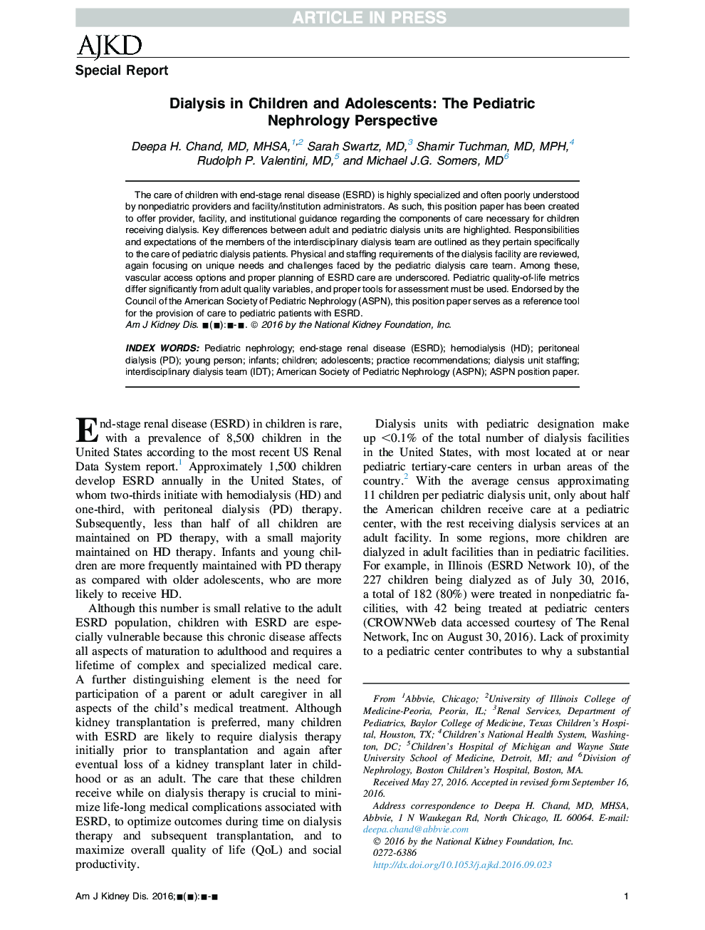 Dialysis in Children and Adolescents: The Pediatric Nephrology Perspective