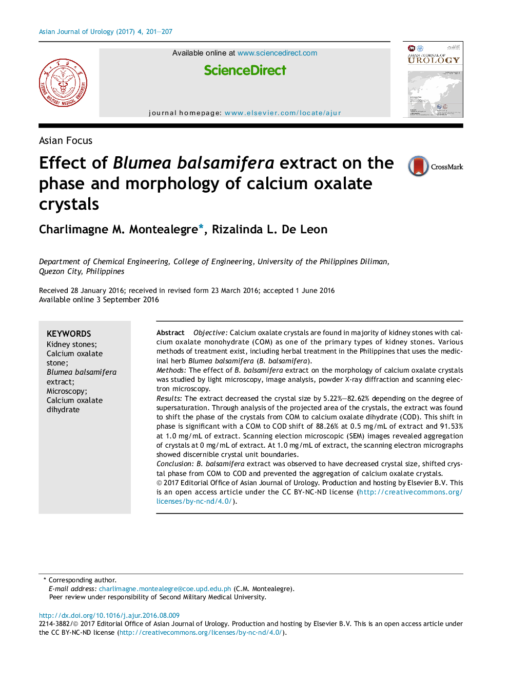 Effect of Blumea balsamifera extract on the phase and morphology of calcium oxalate crystals