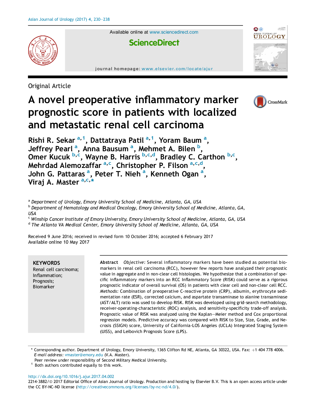 A novel preoperative inflammatory marker prognostic score in patients with localized and metastatic renal cell carcinoma