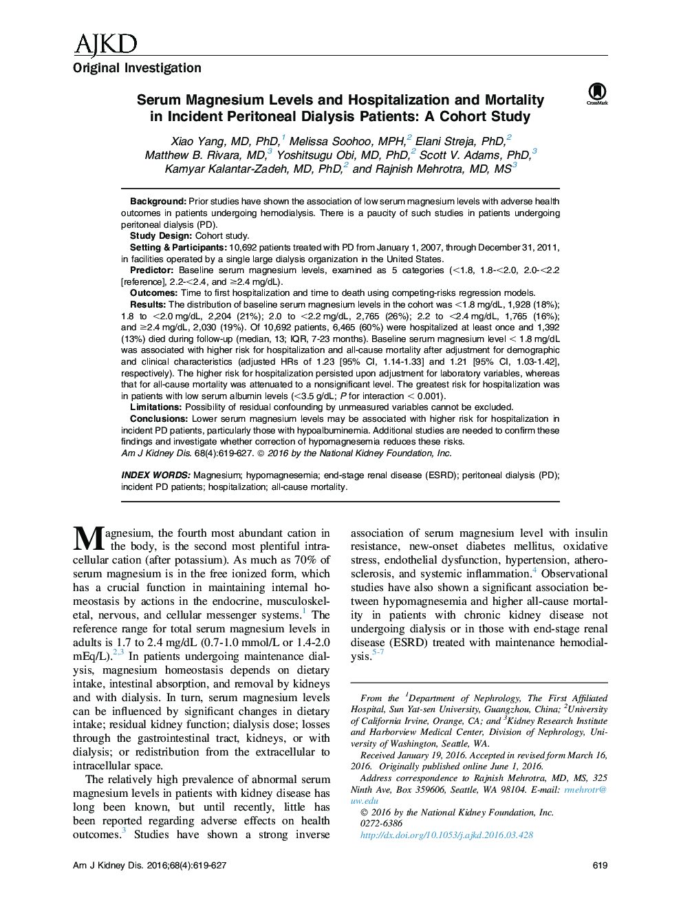 Serum Magnesium Levels and Hospitalization and Mortality in Incident Peritoneal Dialysis Patients: A Cohort Study