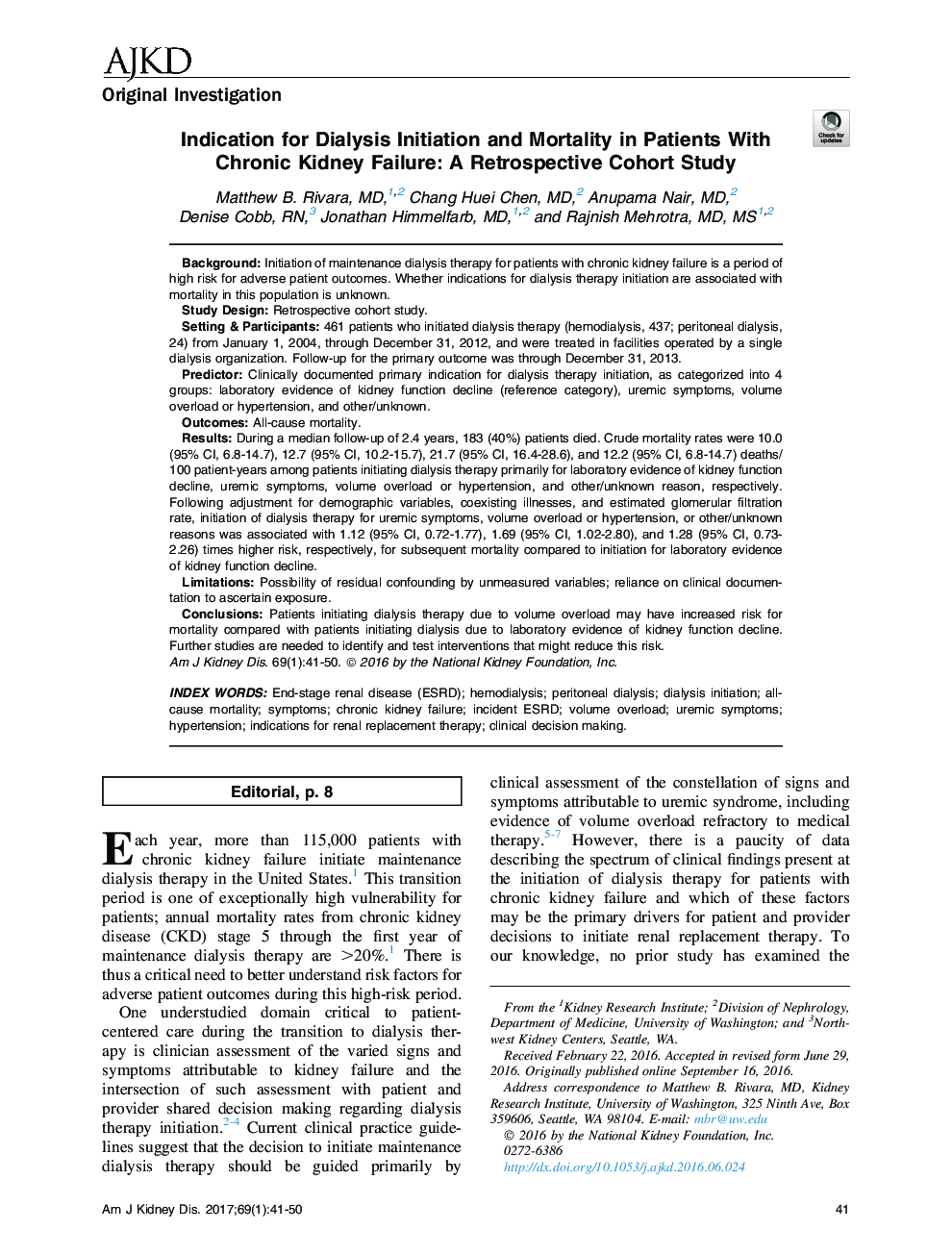 Indication for Dialysis Initiation and Mortality in Patients With Chronic Kidney Failure: A Retrospective Cohort Study