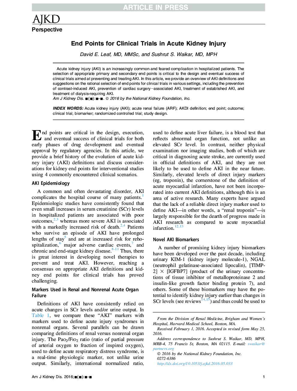 End Points for Clinical Trials in Acute Kidney Injury