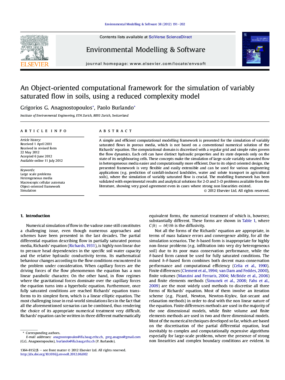 An Object-oriented computational framework for the simulation of variably saturated flow in soils, using a reduced complexity model