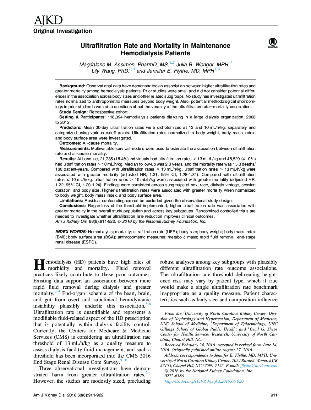 Ultrafiltration Rate and Mortality in Maintenance HemodialysisÂ Patients