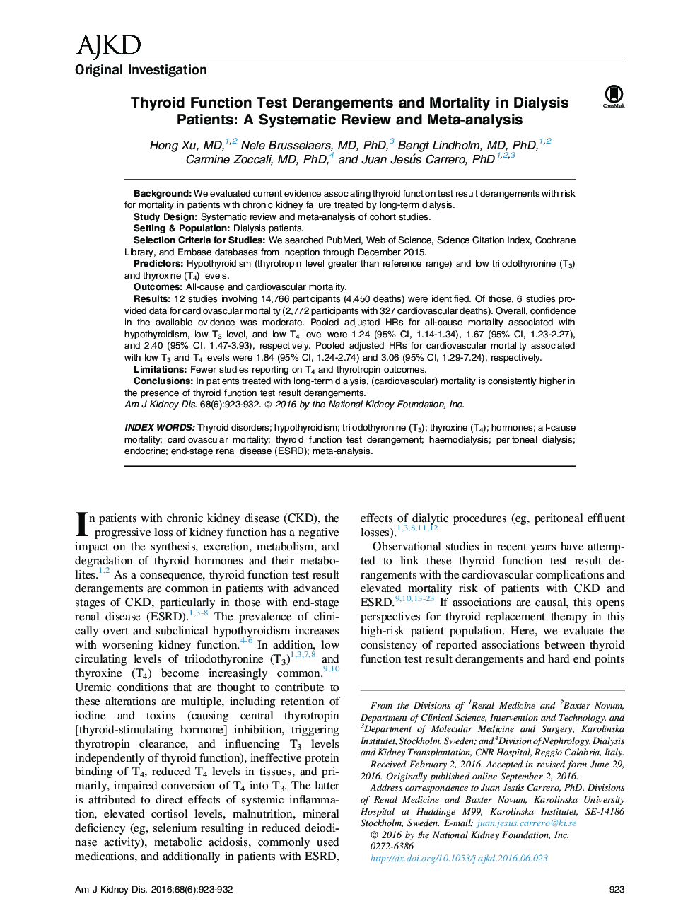 Thyroid Function Test Derangements and Mortality in Dialysis Patients: A Systematic Review and Meta-analysis