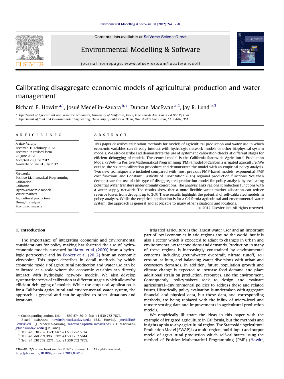 Calibrating disaggregate economic models of agricultural production and water management