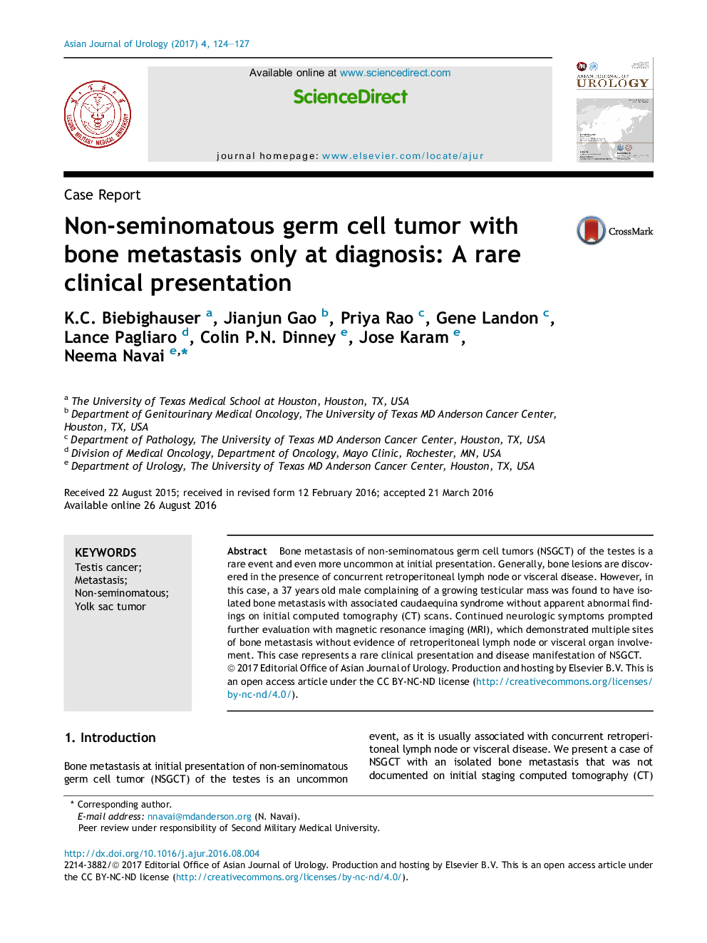 Non-seminomatous germ cell tumor with bone metastasis only at diagnosis: A rare clinical presentation