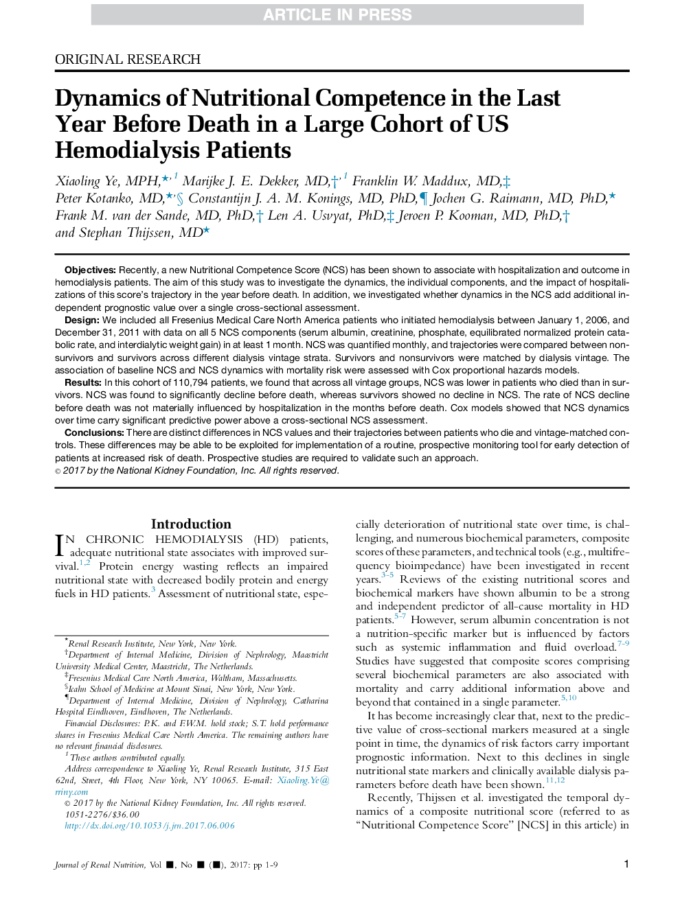 Dynamics of Nutritional Competence in the Last Year Before Death in a Large Cohort of US Hemodialysis Patients