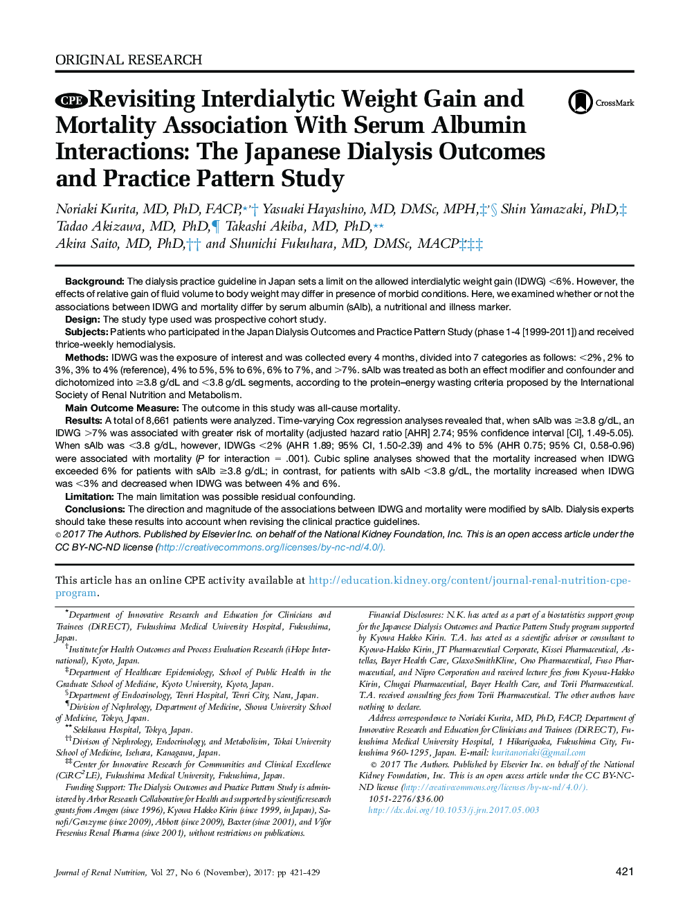 Revisiting Interdialytic Weight Gain and Mortality Association With Serum Albumin Interactions: The Japanese Dialysis Outcomes and Practice Pattern Study