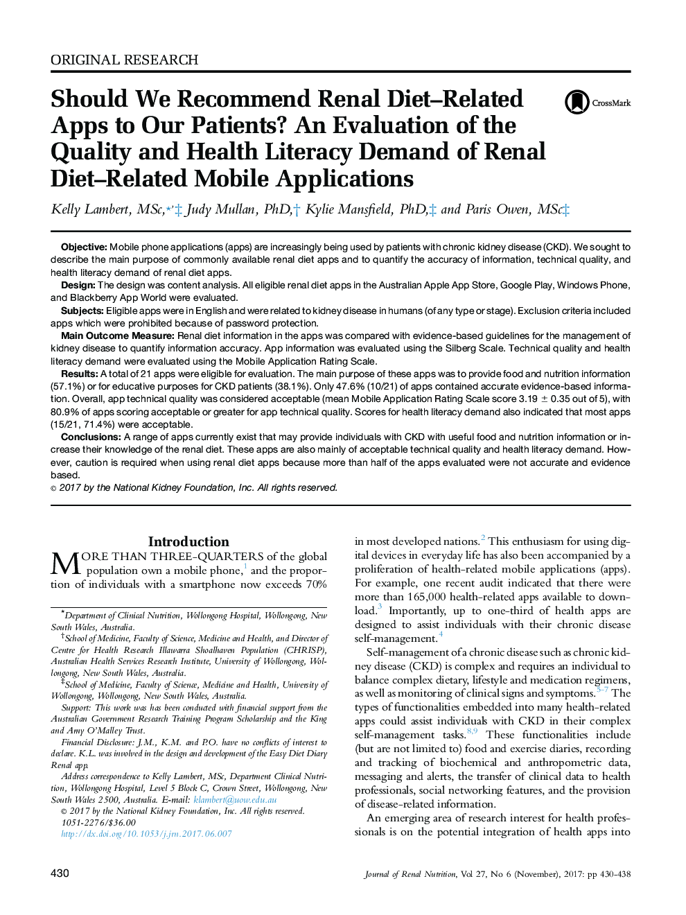Should We Recommend Renal Diet-Related Apps to Our Patients? An Evaluation of the Quality and Health Literacy Demand of Renal Diet-Related Mobile Applications