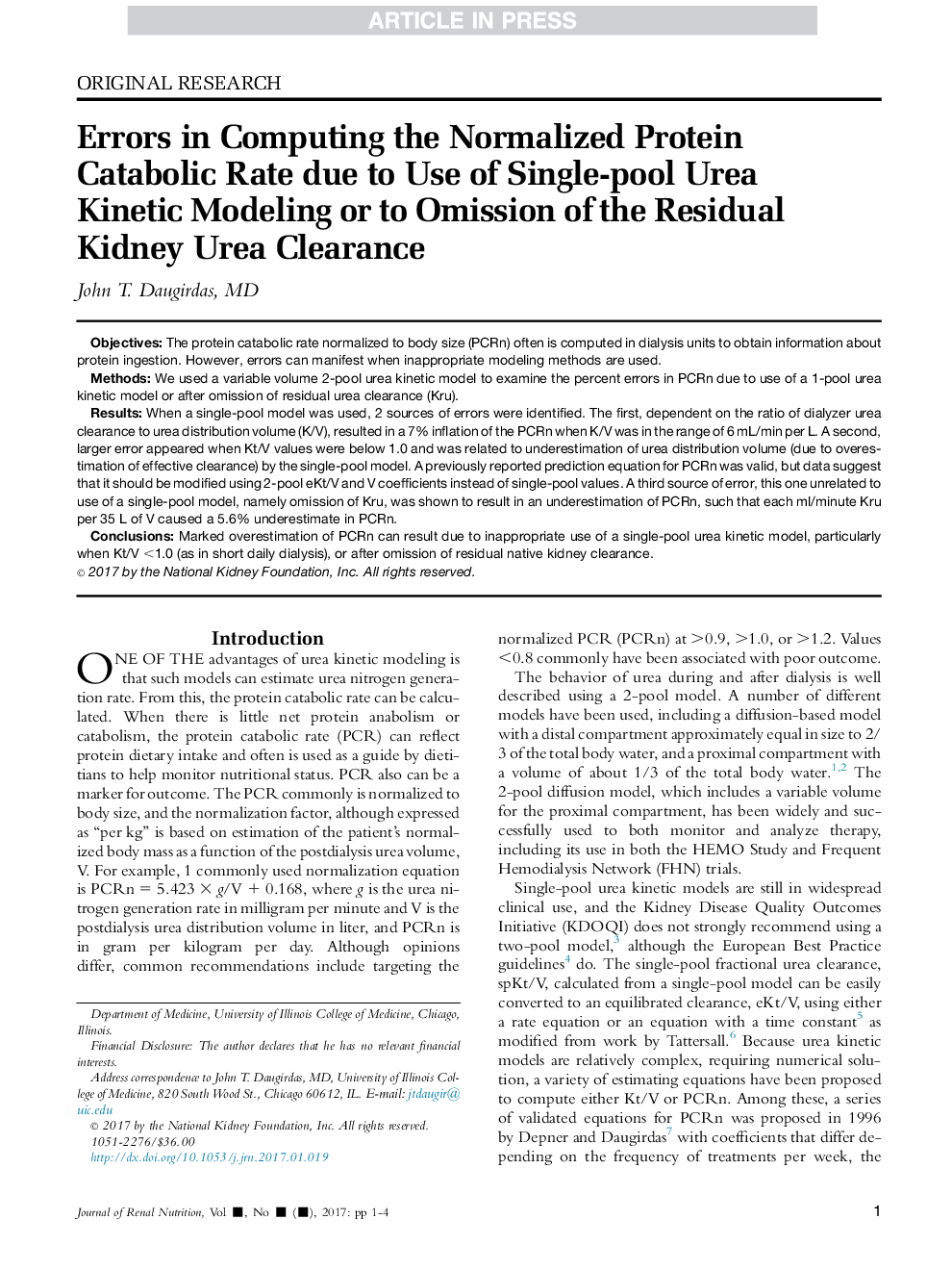 اشتباهات در محاسبه نرخ کاتابولیک پروتئین نرمال شده به دلیل استفاده از مدل تکینکینتیک جهت تخریب اوره یا حذف اوره کلسترول باقی مانده 