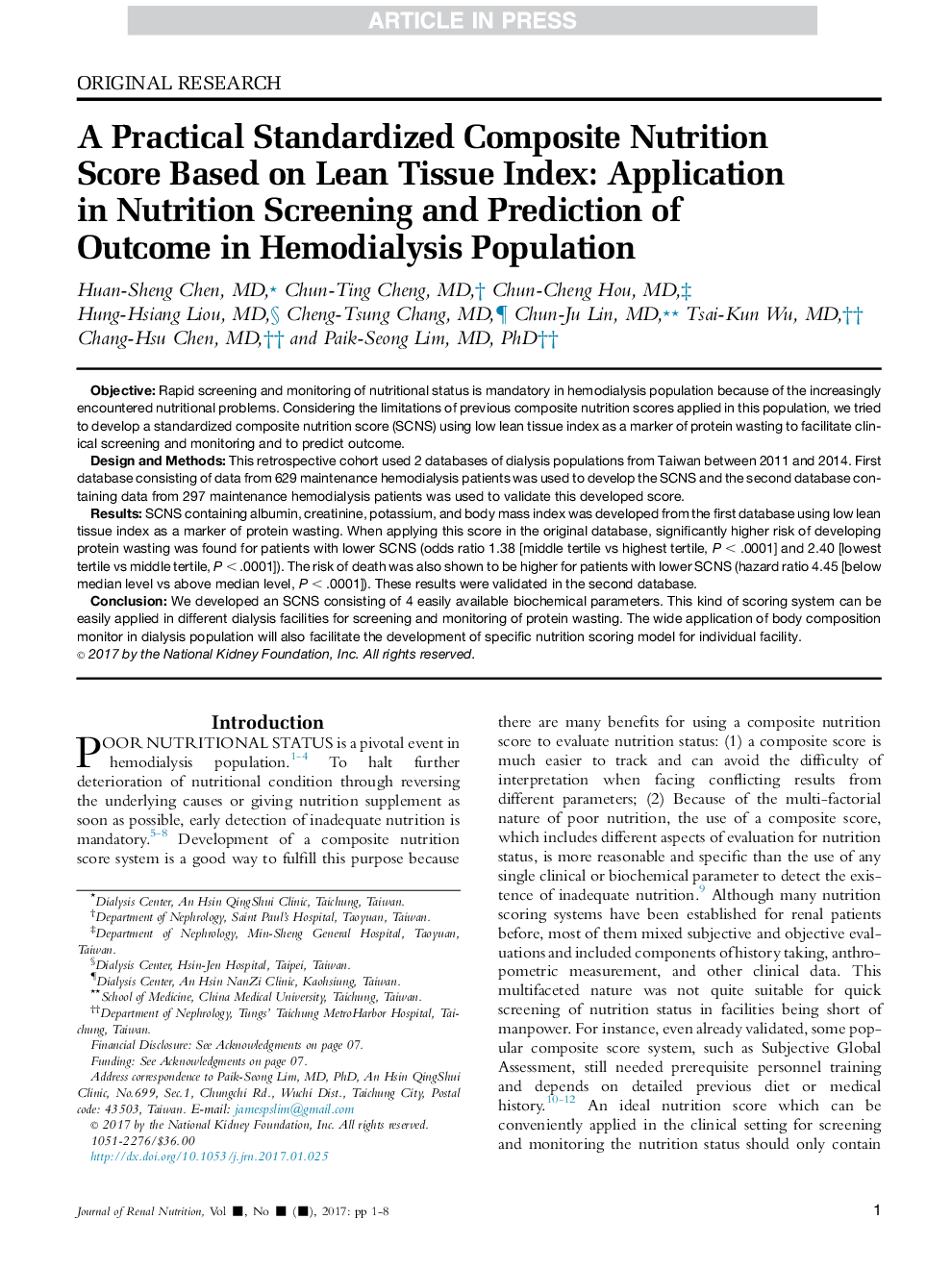 A Practical Standardized Composite Nutrition Score Based on Lean Tissue Index: Application in Nutrition Screening and Prediction of Outcome in Hemodialysis Population