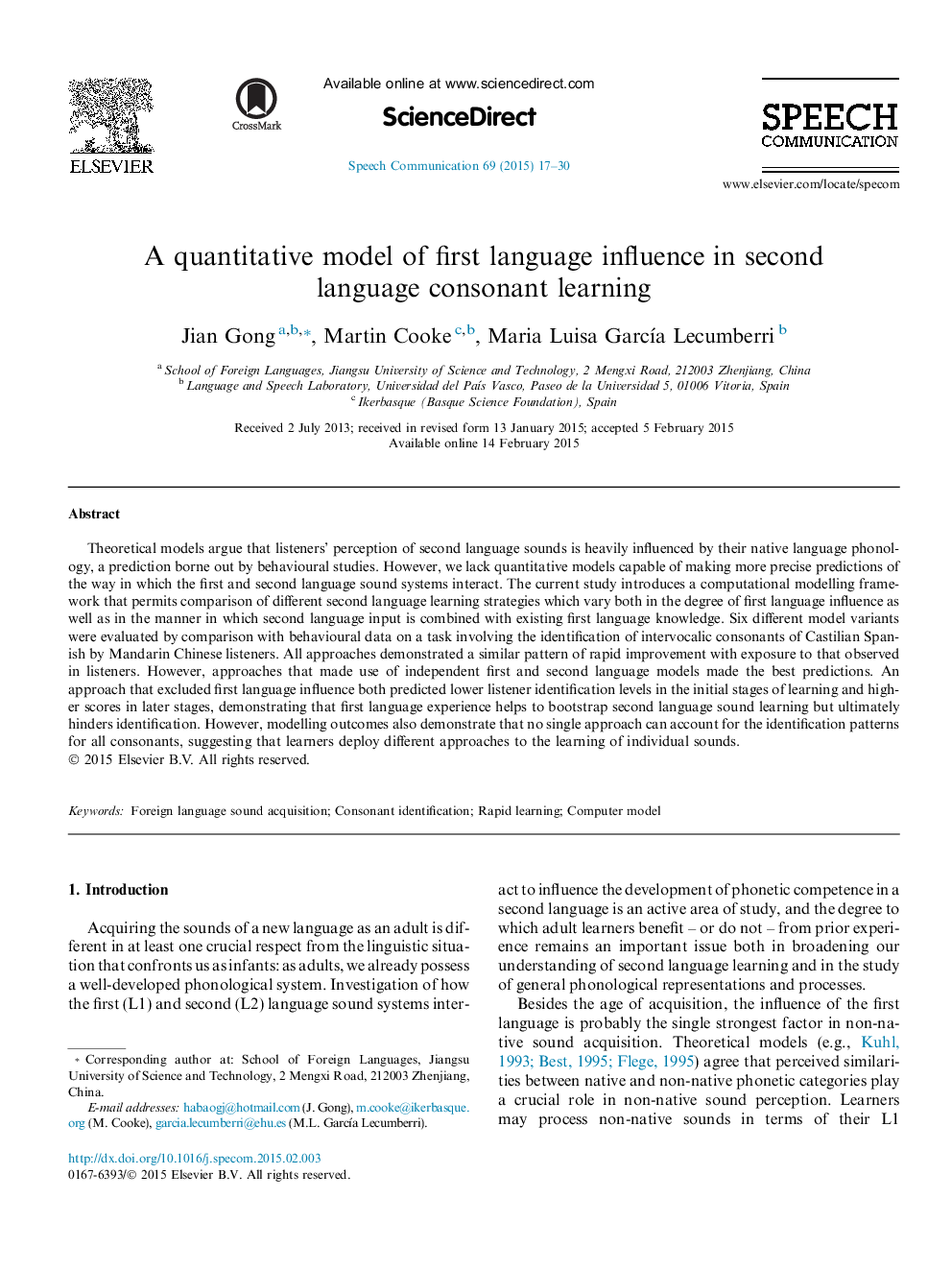 A quantitative model of first language influence in second language consonant learning