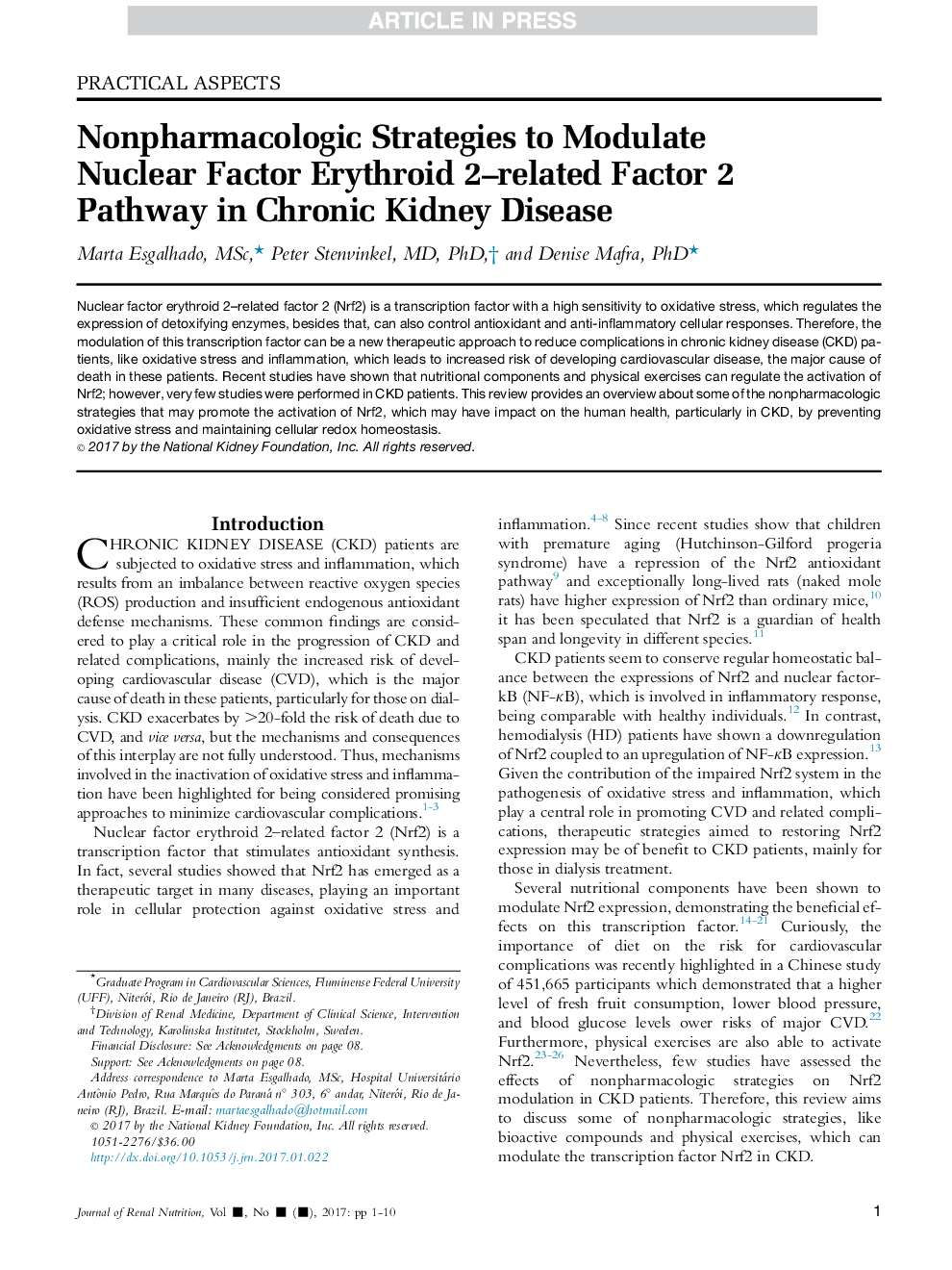 Nonpharmacologic Strategies to Modulate Nuclear Factor Erythroid 2-related Factor 2 Pathway in Chronic Kidney Disease