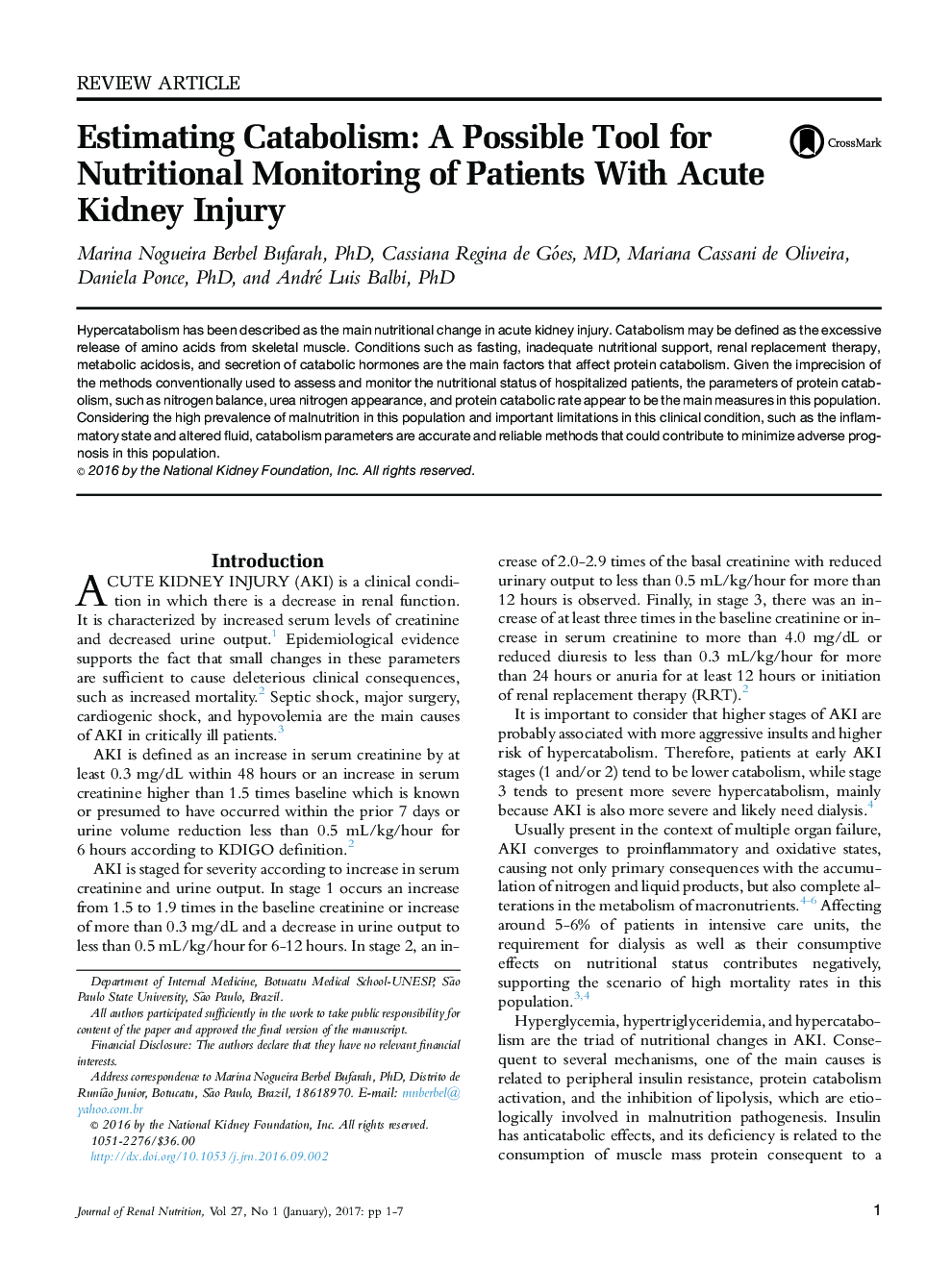 Estimating Catabolism: A Possible Tool for Nutritional Monitoring of Patients With Acute Kidney Injury