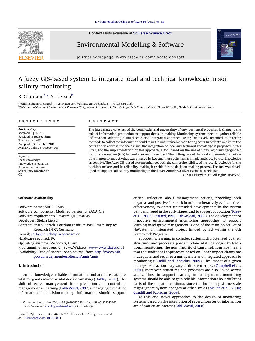 A fuzzy GIS-based system to integrate local and technical knowledge in soil salinity monitoring