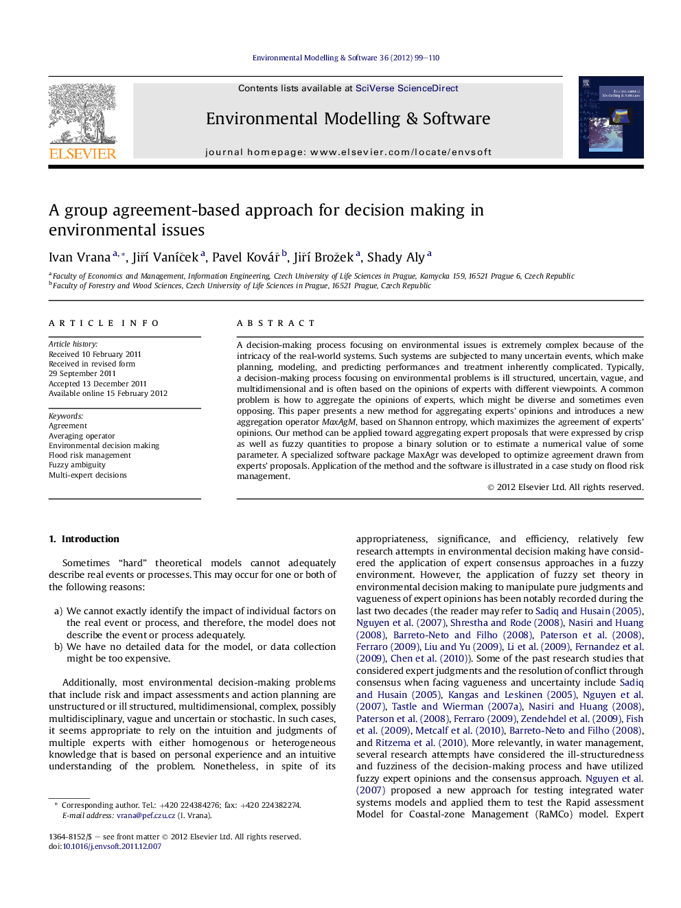 A group agreement-based approach for decision making in environmental issues