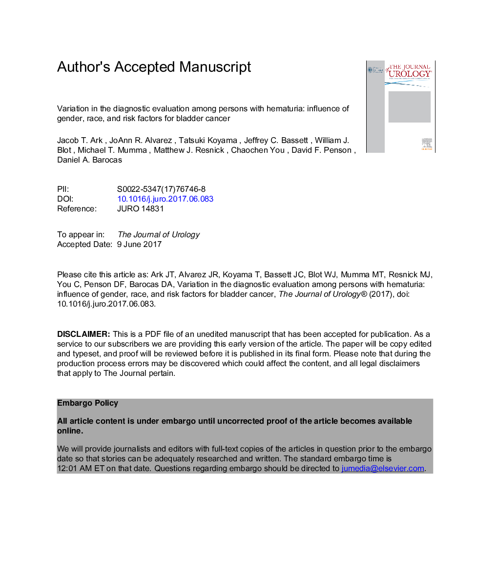 Variation in the Diagnostic Evaluation among Persons with Hematuria: Influence of Gender, Race and Risk Factors for Bladder Cancer