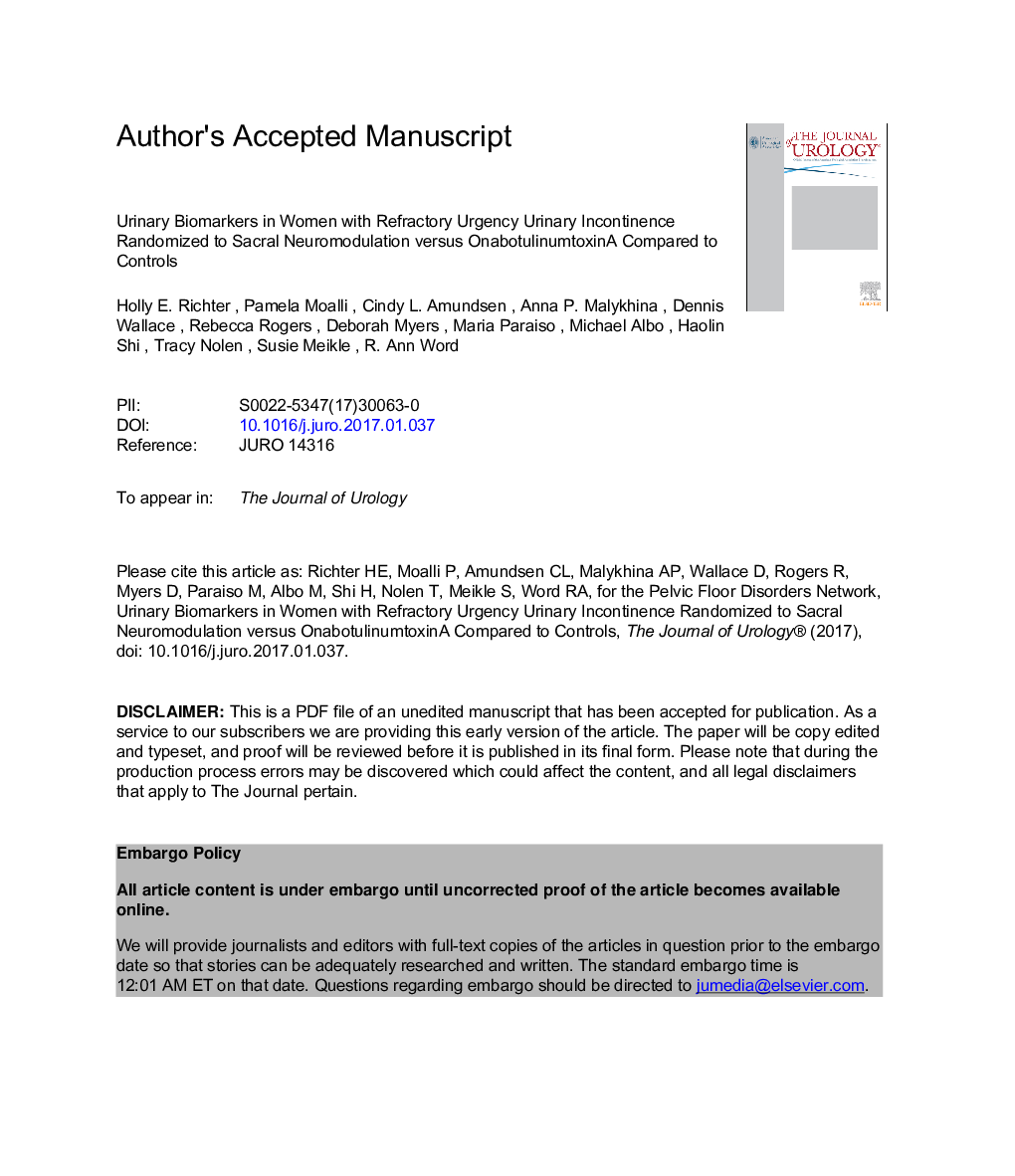 Urinary Biomarkers in Women with Refractory Urgency Urinary Incontinence Randomized to Sacral Neuromodulation versus OnabotulinumtoxinA Compared to Controls