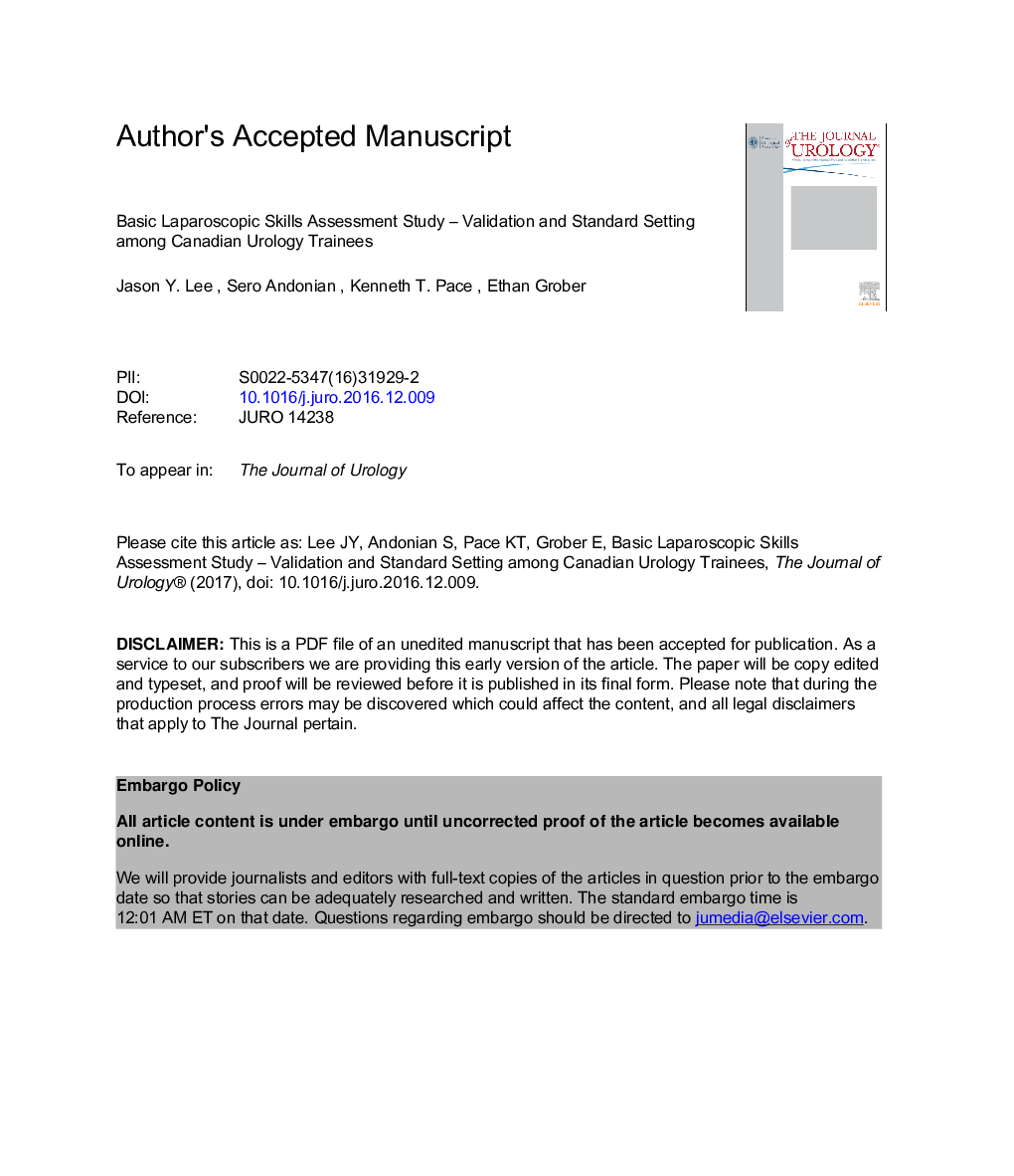 Basic Laparoscopic Skills Assessment Study: Validation and Standard Setting among Canadian Urology Trainees