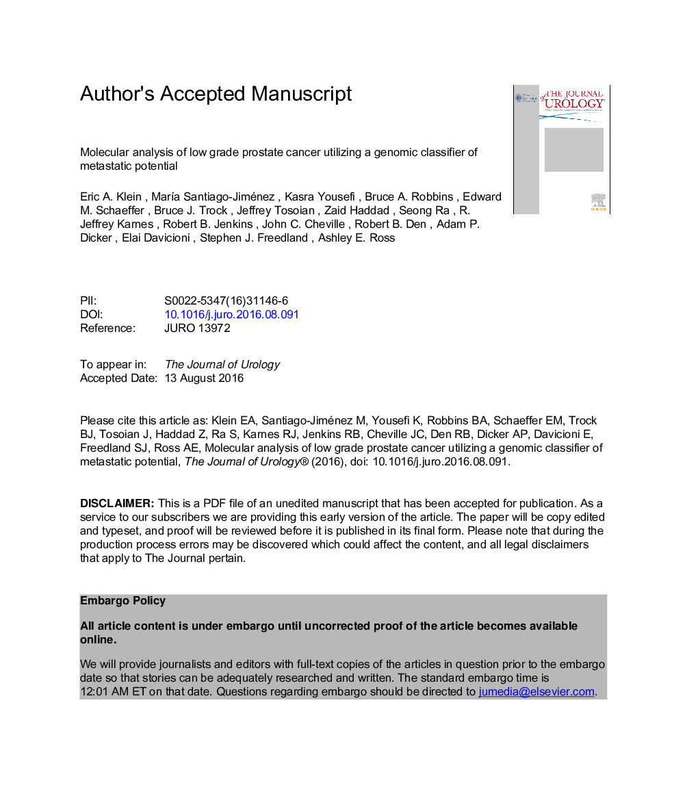 Molecular Analysis of Low Grade Prostate Cancer Using a Genomic Classifier of Metastatic Potential