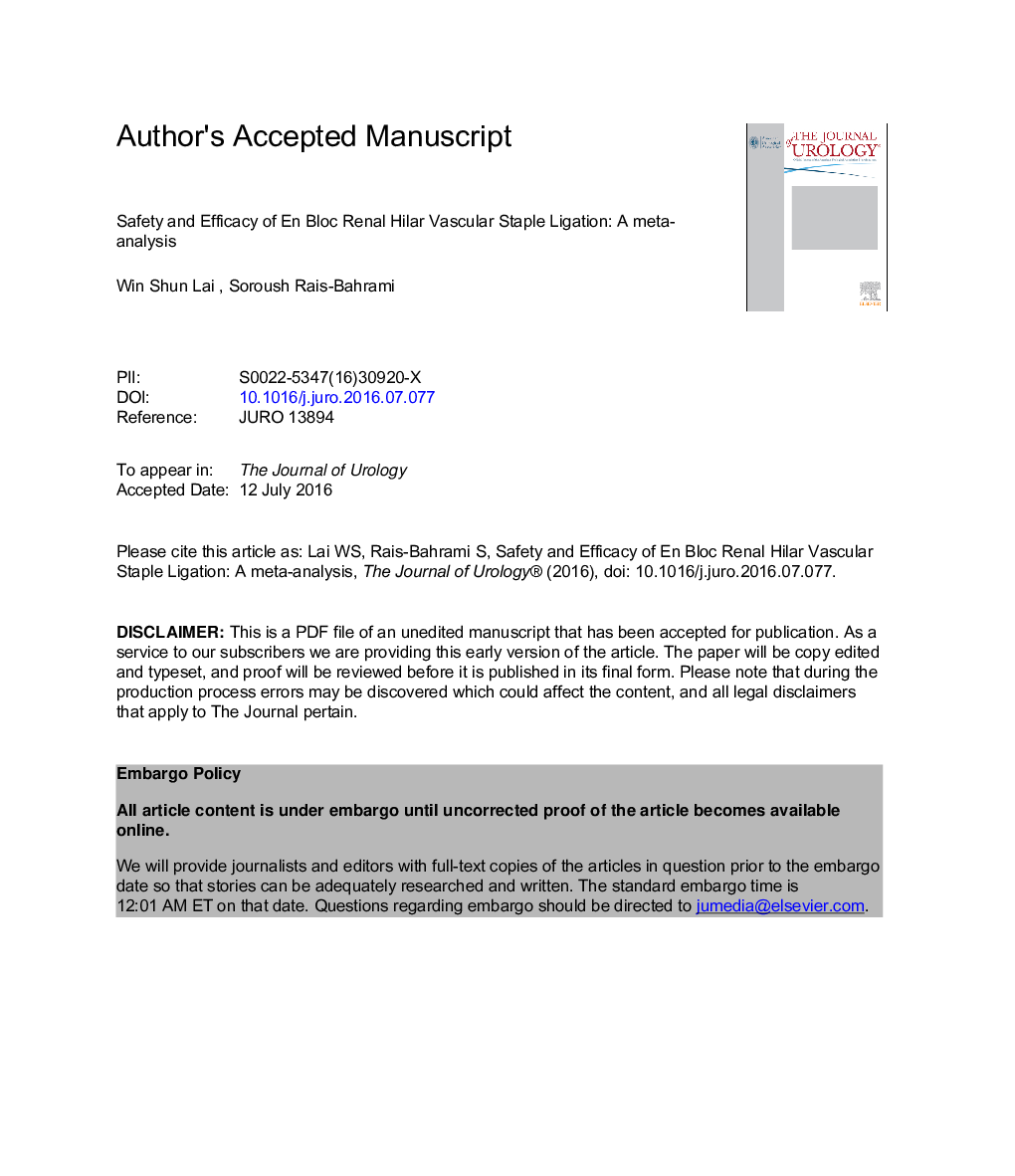 Safety and Efficacy of En Bloc Renal Hilar Vascular Staple Ligation: A Meta-Analysis