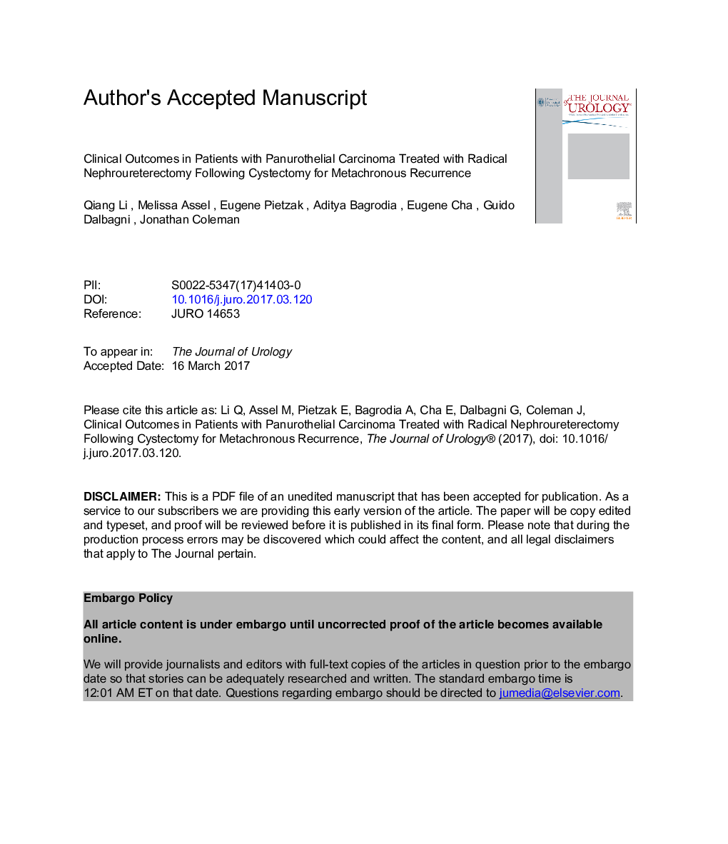 Clinical Outcomes in Patients with Panurothelial Carcinoma Treated with Radical Nephroureterectomy Following Cystectomy for Metachronous Recurrence