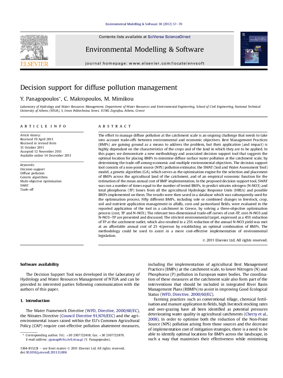 عکس صفحه اول مقاله: Decision support for diffuse pollution management Decision support for diffuse pollution management