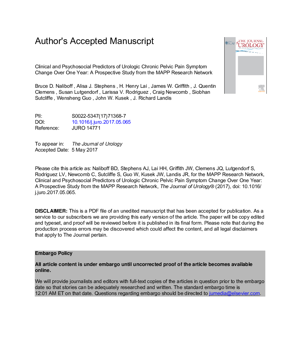 Clinical and Psychosocial Predictors of Urological Chronic Pelvic Pain Symptom Change in 1 Year: A Prospective Study from the MAPP Research Network