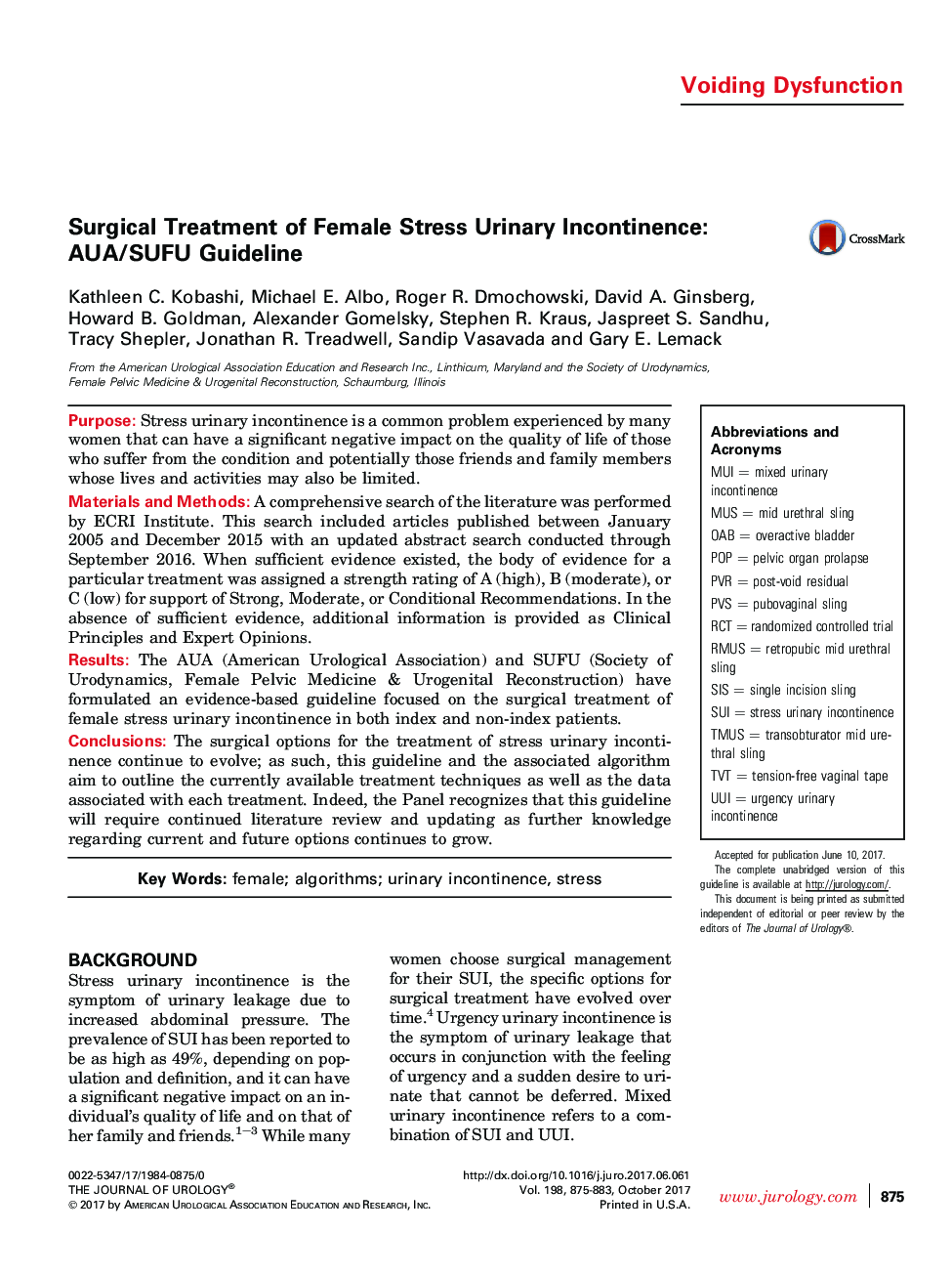 عکس صفحه اول مقاله: Surgical Treatment of Female Stress Urinary Incontinence: AUA/SUFU Guideline Surgical Treatment of Female Stress Urinary Incontinence: AUA/SUFU Guideline