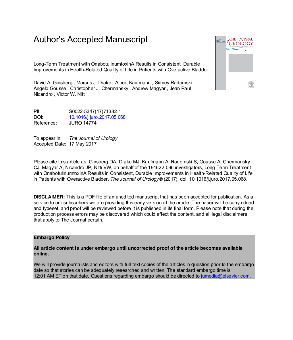 Long-Term Treatment with OnabotulinumtoxinA Results in Consistent, Durable Improvements in Health Related Quality of Life in Patients with Overactive Bladder