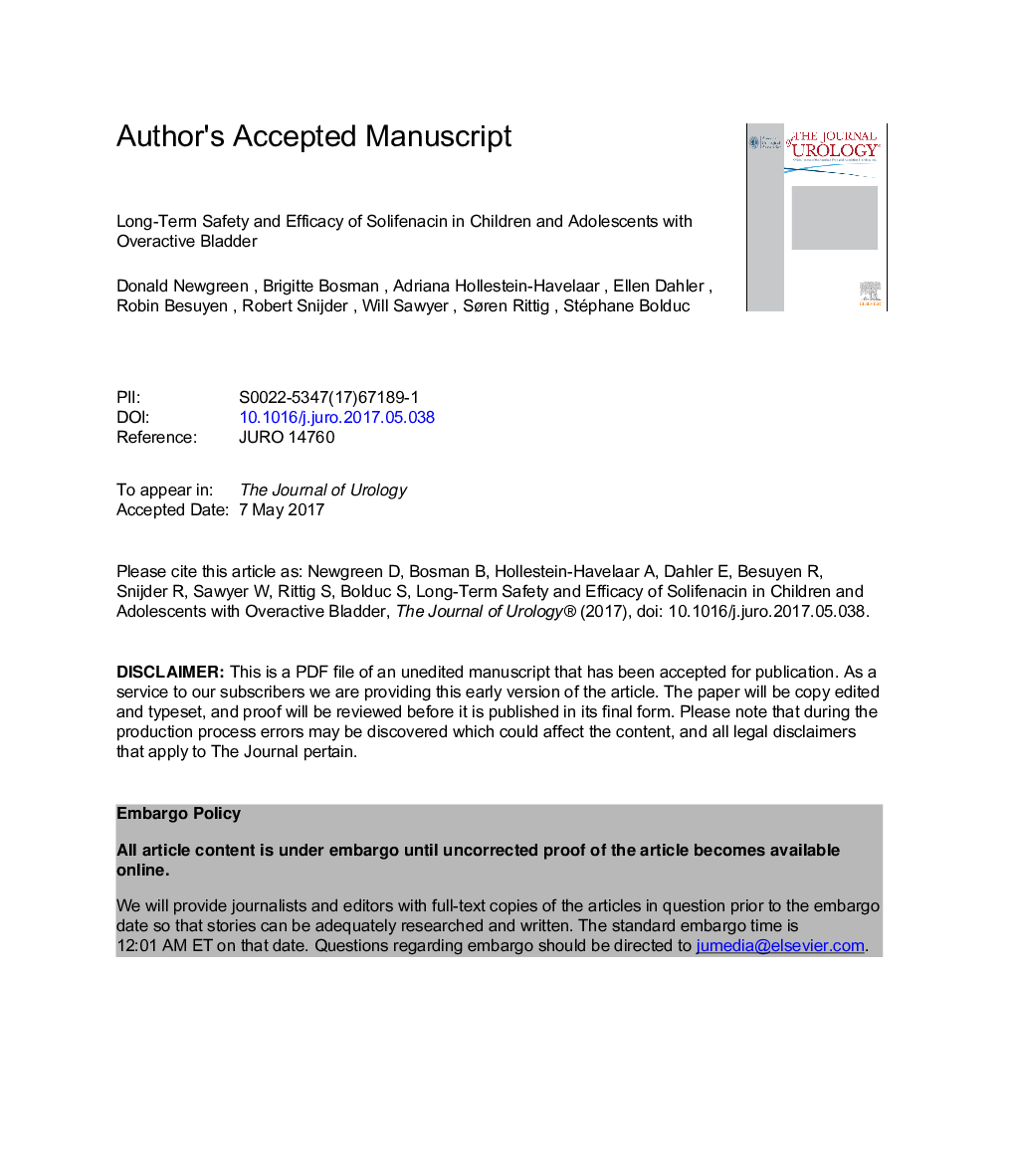 Long-Term Safety and Efficacy of Solifenacin in Children and Adolescents with Overactive Bladder