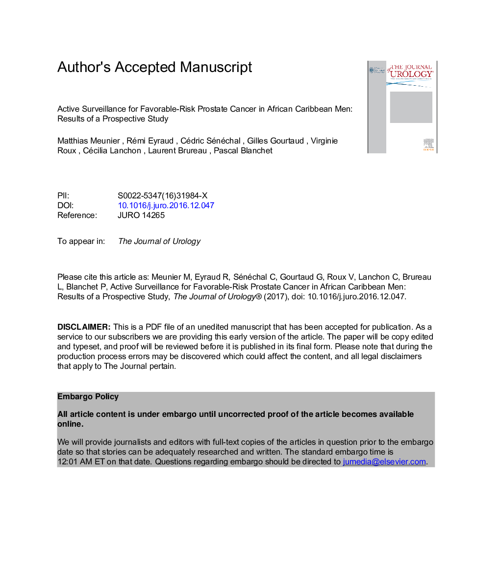 Active Surveillance for Favorable Risk Prostate Cancer in African Caribbean Men: Results of a Prospective Study