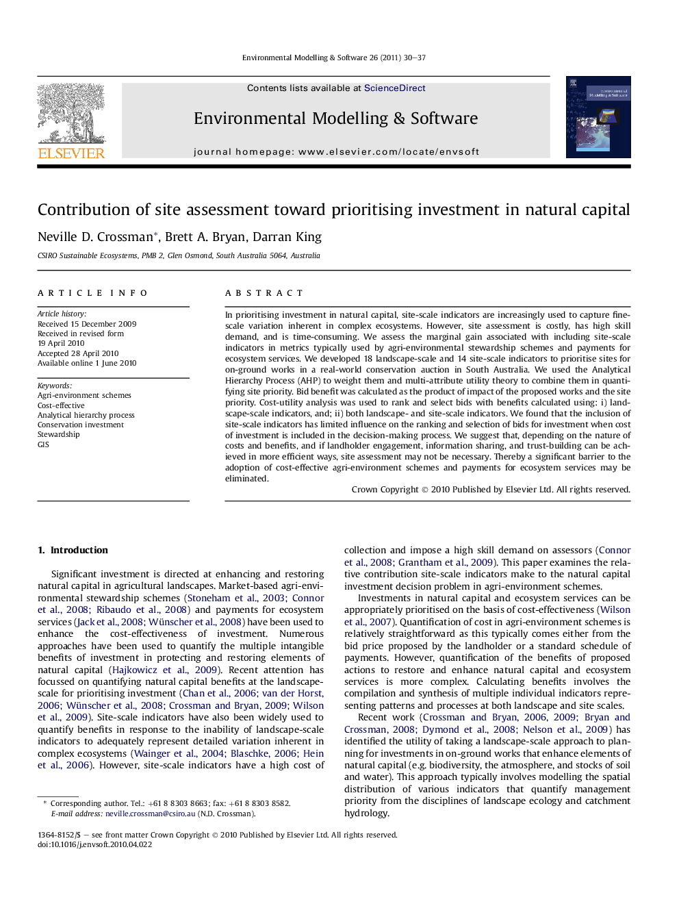 Contribution of site assessment toward prioritising investment in natural capital