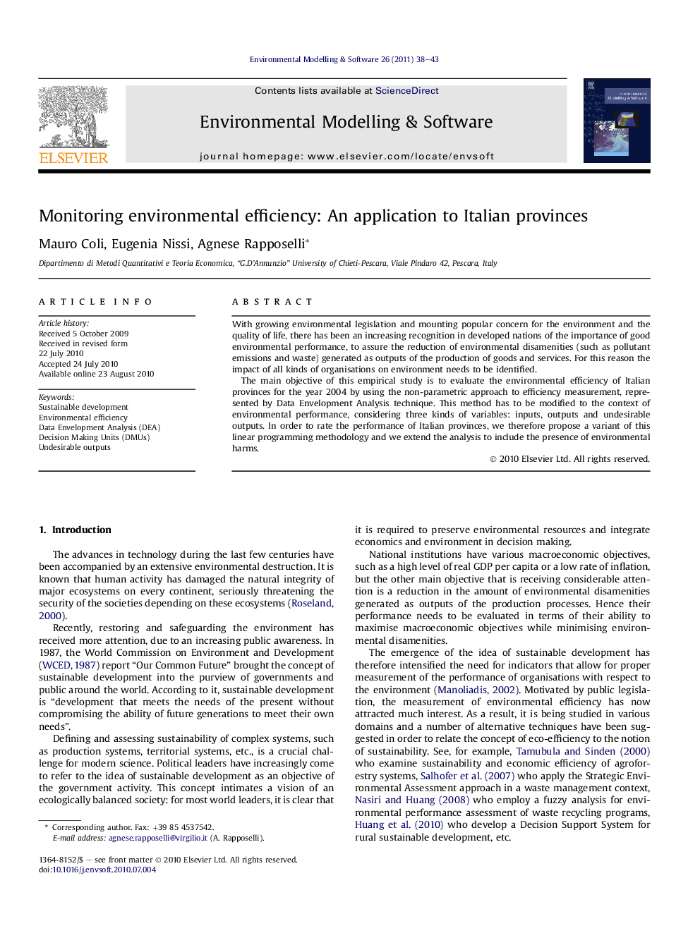 Monitoring environmental efficiency: An application to Italian provinces