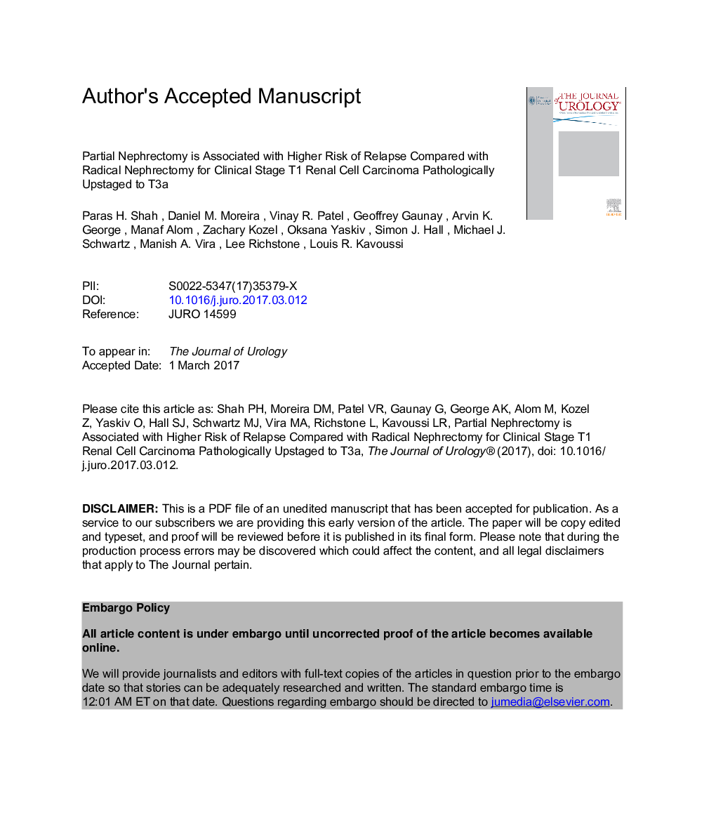 Partial Nephrectomy is Associated with Higher Risk of Relapse Compared with Radical Nephrectomy for Clinical Stage T1 Renal Cell Carcinoma Pathologically Up Staged to T3a