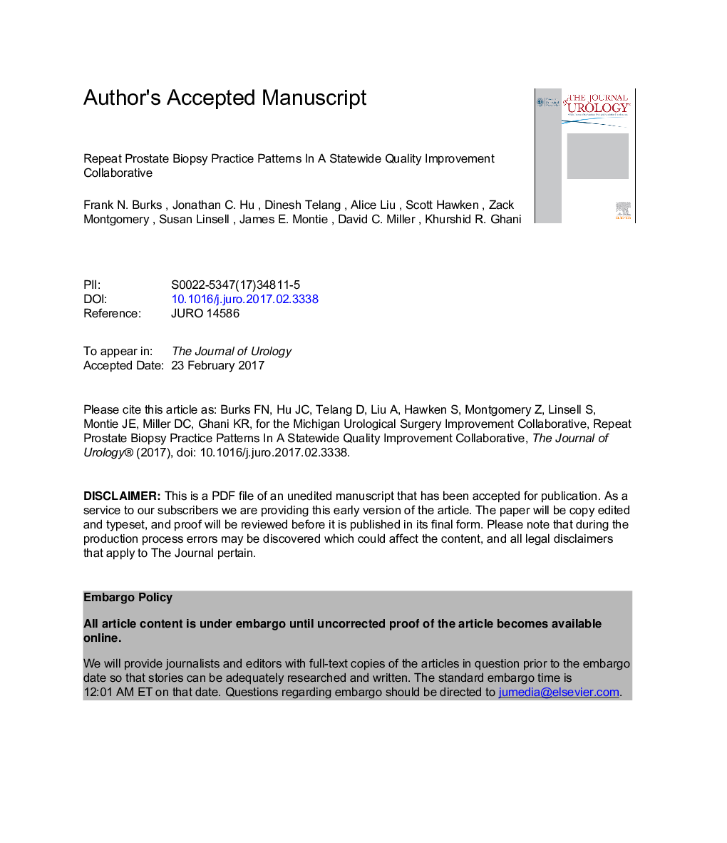 Repeat Prostate Biopsy Practice Patterns in a Statewide Quality Improvement Collaborative