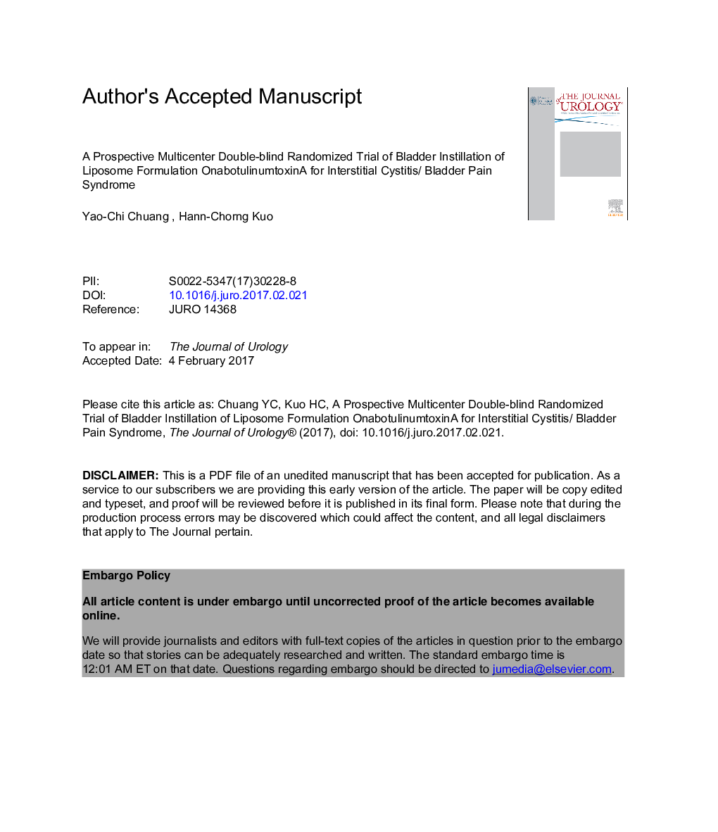 A Prospective, Multicenter, Double-Blind, Randomized Trial of Bladder Instillation of Liposome Formulation OnabotulinumtoxinA for Interstitial Cystitis/Bladder Pain Syndrome