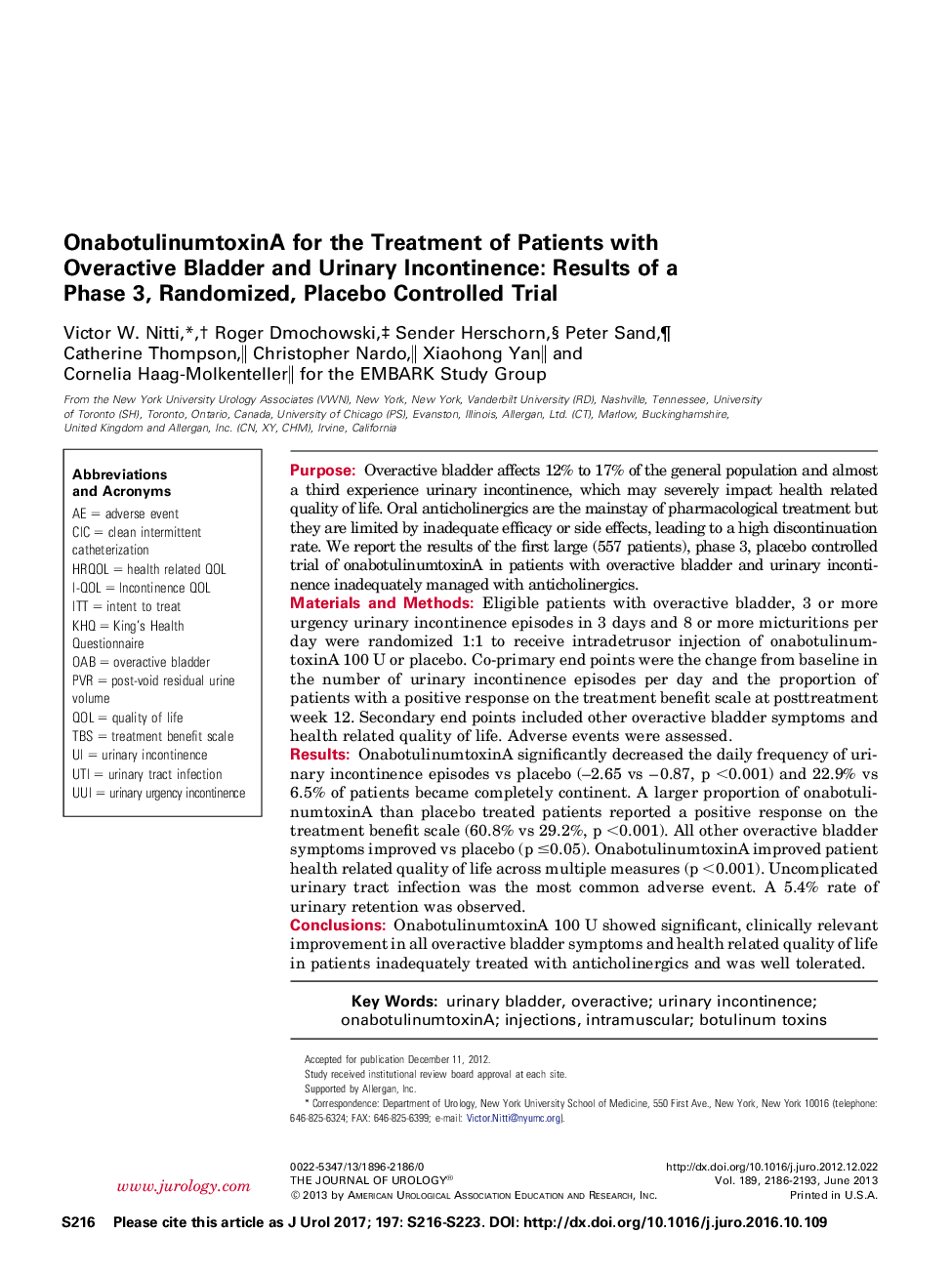 OnabotulinumtoxinA for the Treatment of Patients with Overactive Bladder and Urinary Incontinence: Results of a Phase 3, Randomized, Placebo Controlled Trial