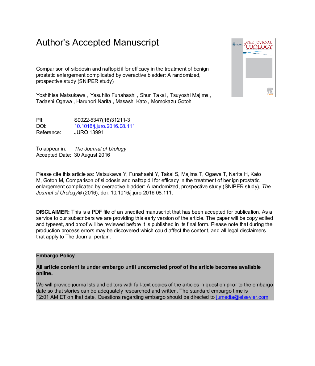 Comparison of Silodosin and Naftopidil for Efficacy in the Treatment of Benign Prostatic Enlargement Complicated by Overactive Bladder: A Randomized, Prospective Study (SNIPER Study)