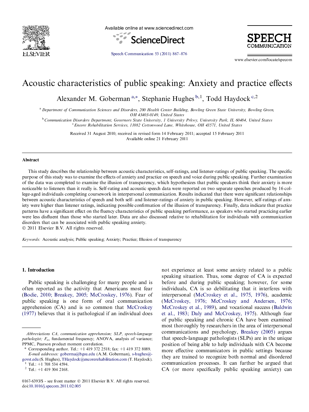 Acoustic characteristics of public speaking: Anxiety and practice effects