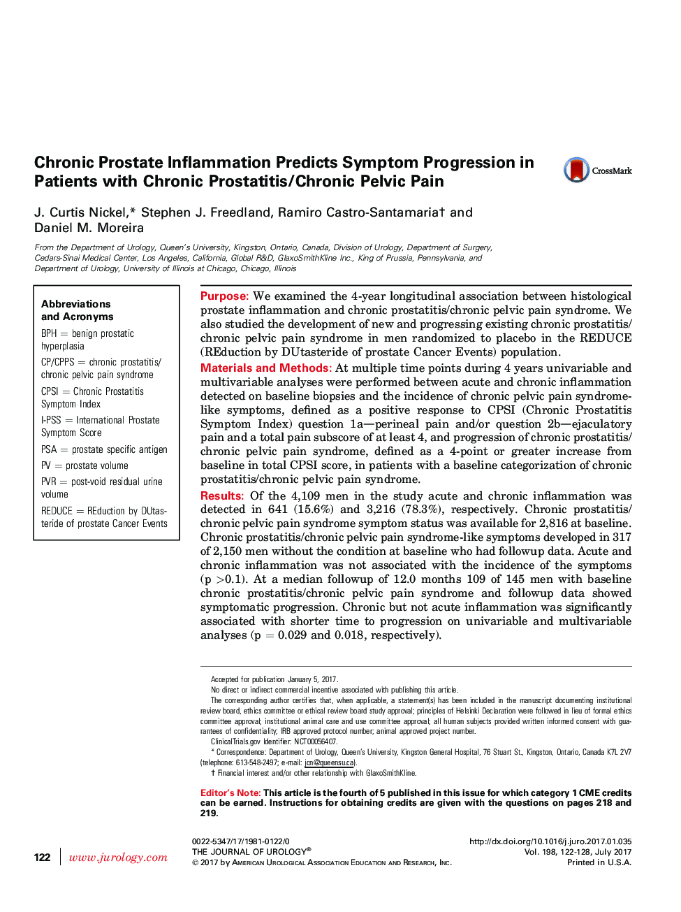 Chronic Prostate Inflammation Predicts Symptom Progression in Patients with Chronic Prostatitis/Chronic Pelvic Pain