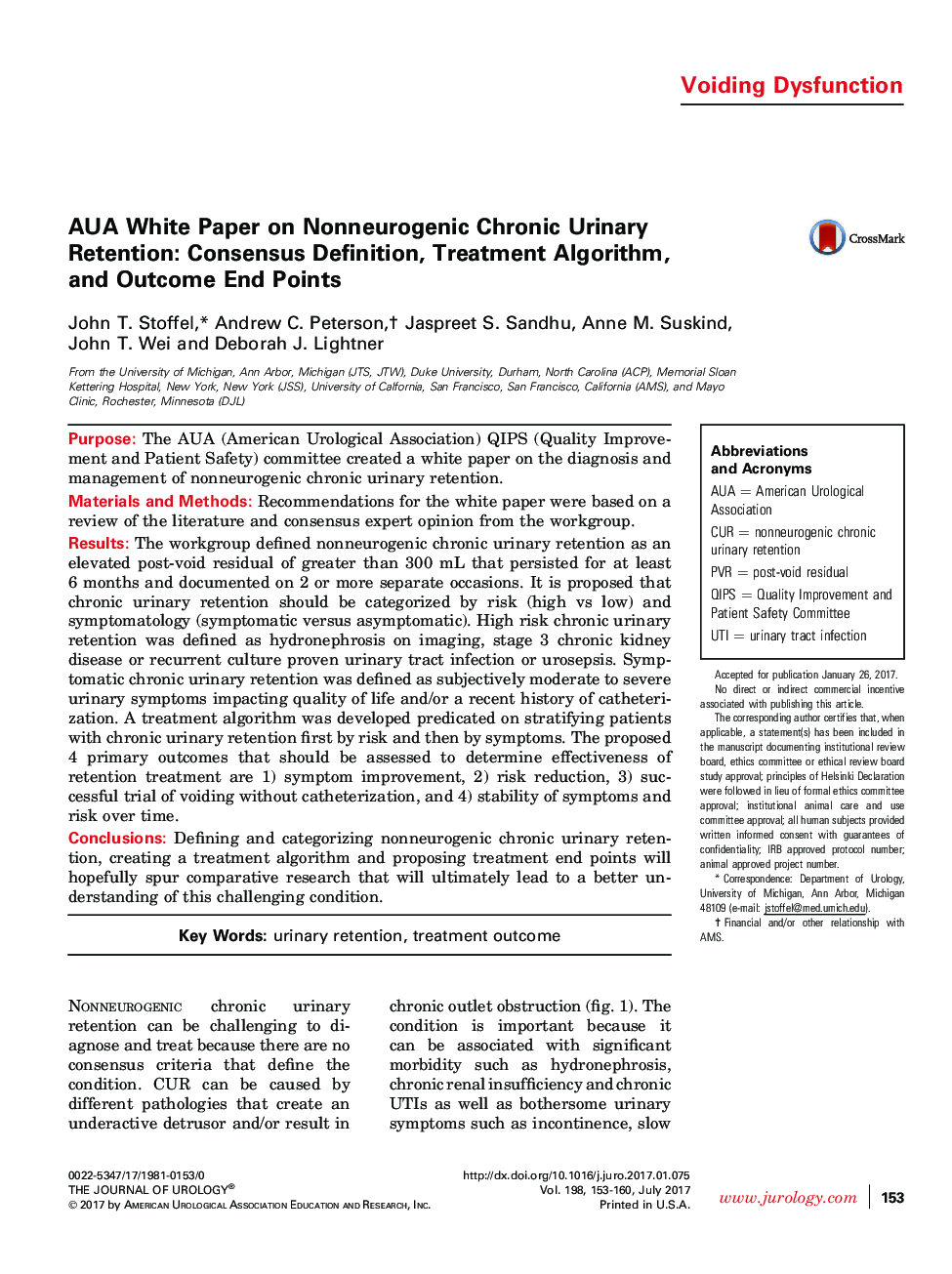 AUA White Paper on Nonneurogenic Chronic Urinary Retention: Consensus Definition, Treatment Algorithm, and Outcome End Points