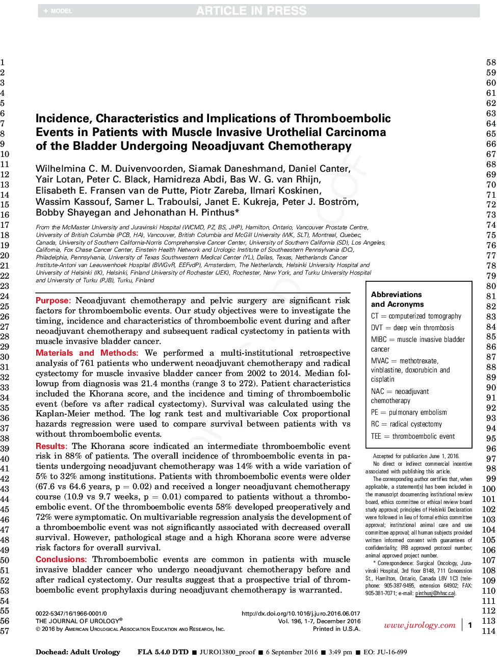 Incidence, Characteristics and Implications of Thromboembolic Events in Patients with Muscle Invasive Urothelial Carcinoma of the Bladder Undergoing Neoadjuvant Chemotherapy