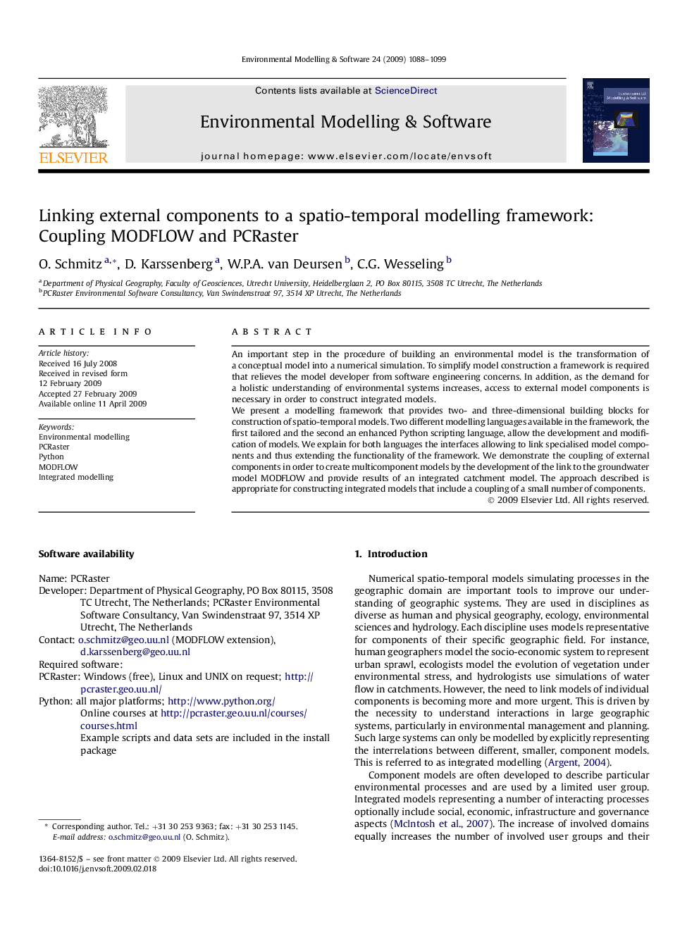 Linking external components to a spatio-temporal modelling framework: Coupling MODFLOW and PCRaster