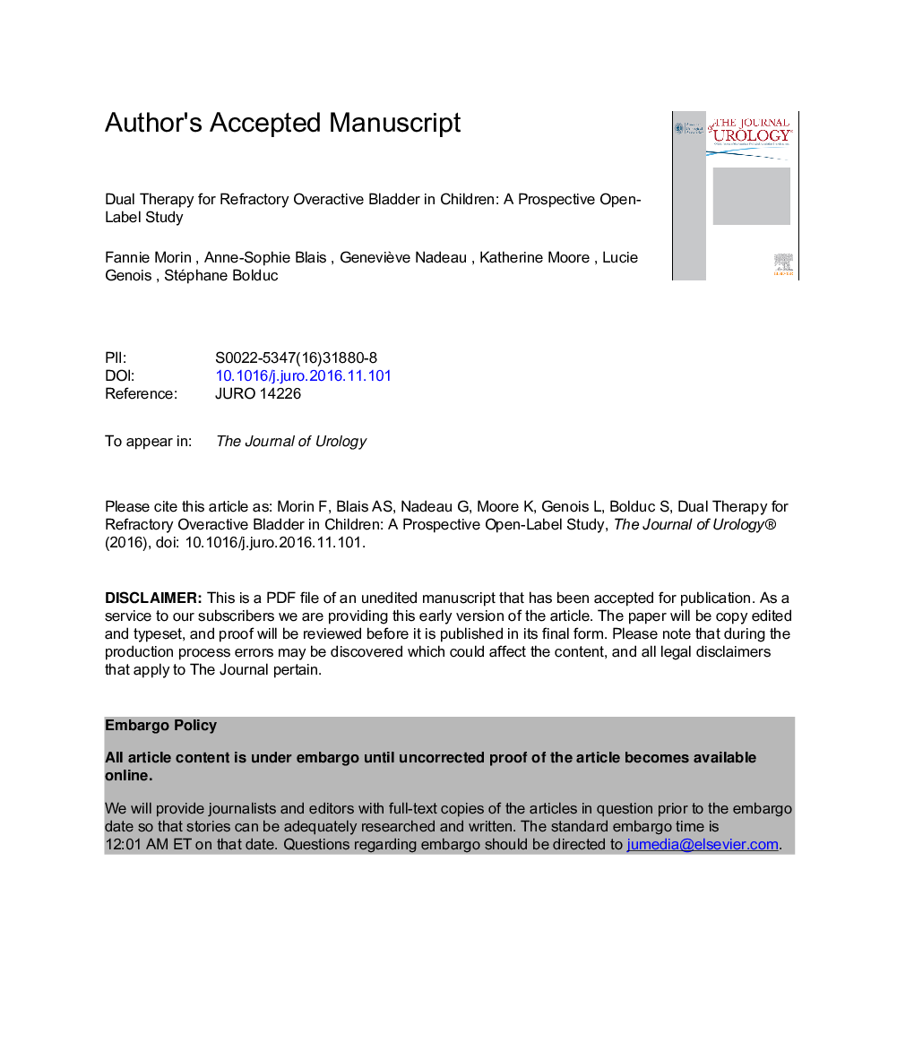 Dual Therapy for Refractory Overactive Bladder in Children: AÂ Prospective Open-Label Study