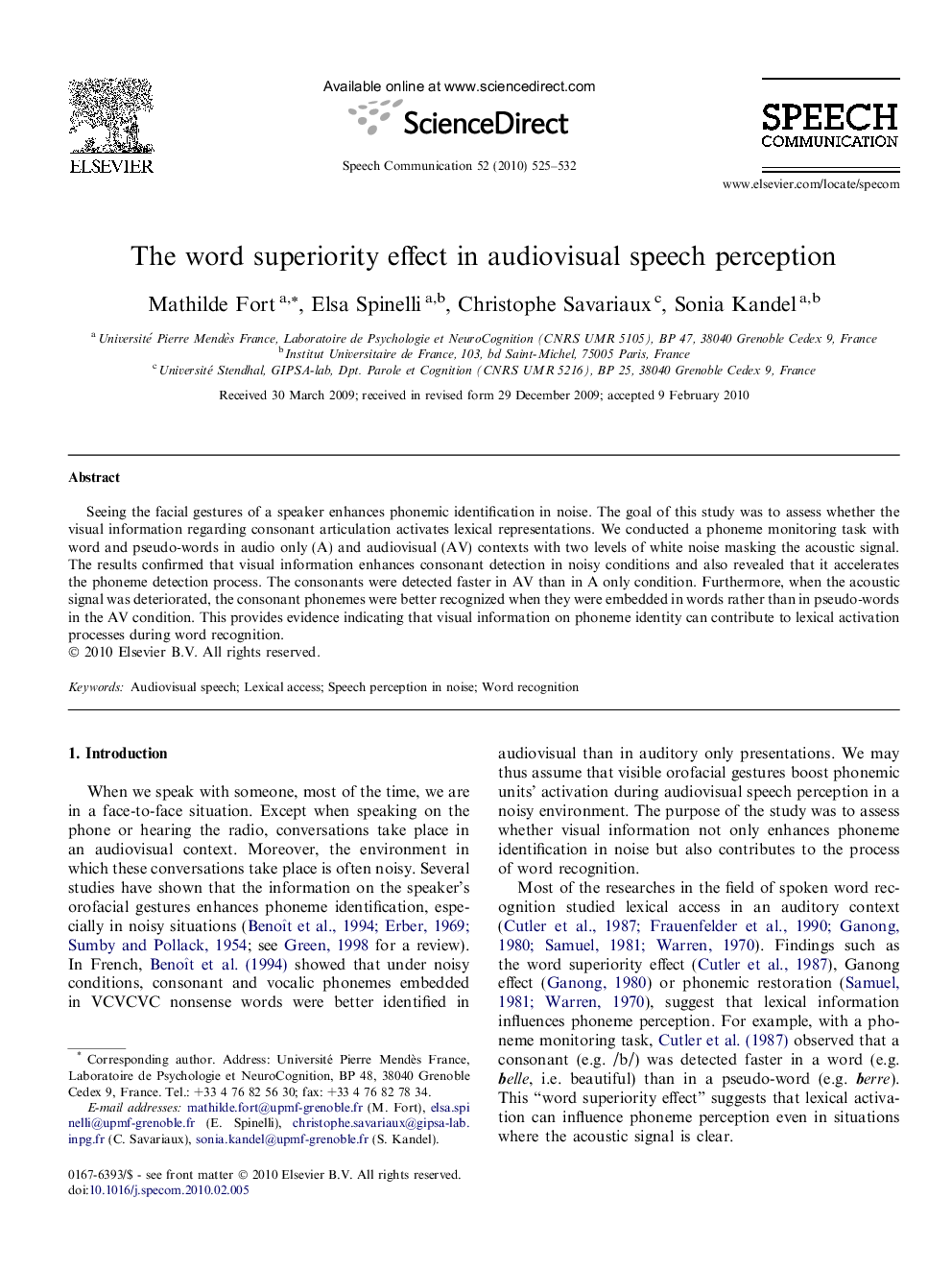 The word superiority effect in audiovisual speech perception