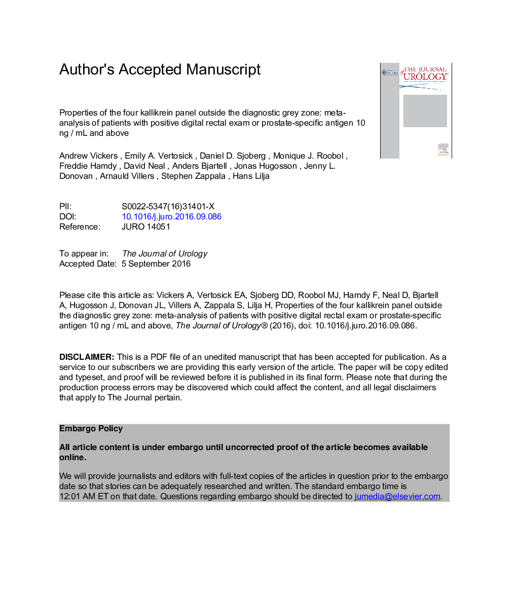 Properties of the 4-Kallikrein Panel Outside the Diagnostic Gray Zone: Meta-Analysis of Patients with Positive Digital Rectal Examination or Prostate Specific Antigen 10 ng/ml and Above